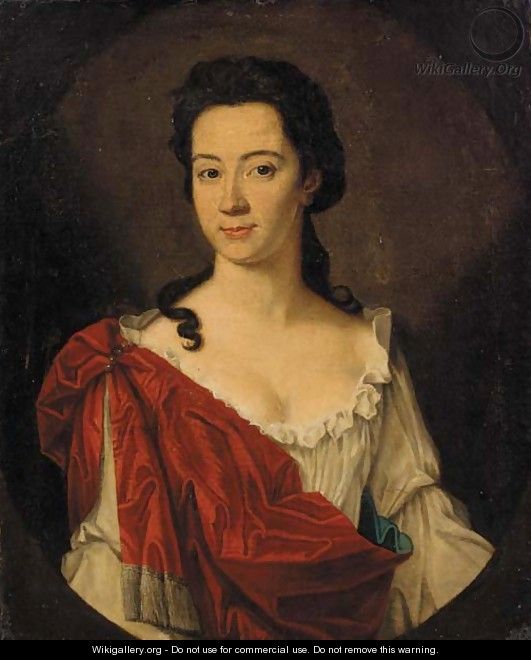 Portrait of a lady, bust-length, in a white dress and red shawl - English School