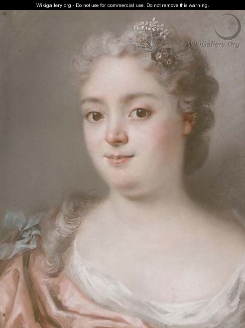 Portrait of a lady, bust-length, in a pink dress with a blue bow - English School