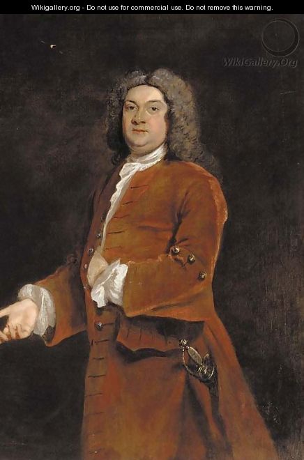 Portrait of a gentleman, three-quarter-length, in a red coat with a dress sword - English School