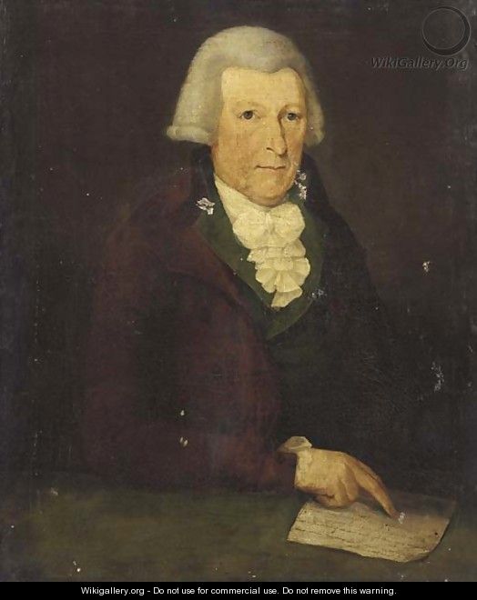 Portrait of a gentleman, bust-length, in a brown jacket and green shirt - English School