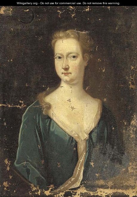 Portrait of a lady, bust-length, in a blue jacket - English School