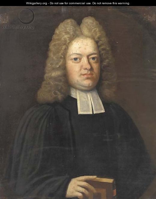 Portrait of a cleric, bust-length, in black robes, resting his right hand on a bible - English School