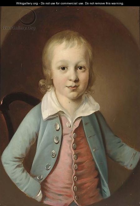 Portrait of a boy, half-length, in a blue jacket and red waistcoat - English School