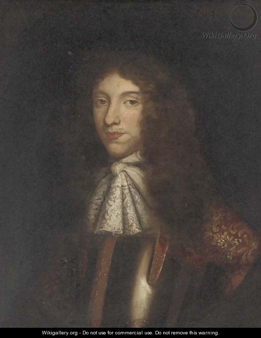 Portrait of William Ffarington, bust-length, in a lace jabot and armour, feigned oval - English School