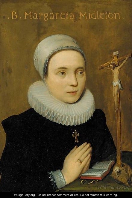 Portrait of Margareta Midleton, small half-length, praying at an altar - English School