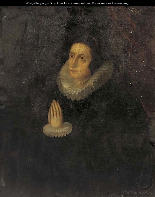 Portrait of a lady, three-quarter-length, in a black dress and lace collar and cuffs, at prayer - English School