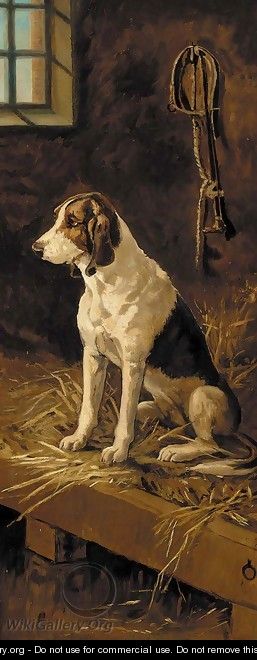 A hound seated in a kennel - English School