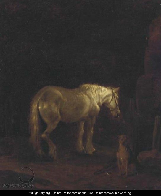 A horse and dog in a dark landscape - English School