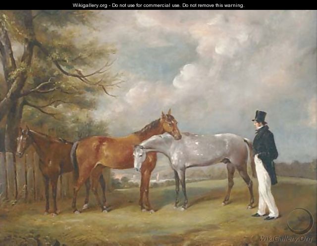 A gentleman with three horses under a tree - English School