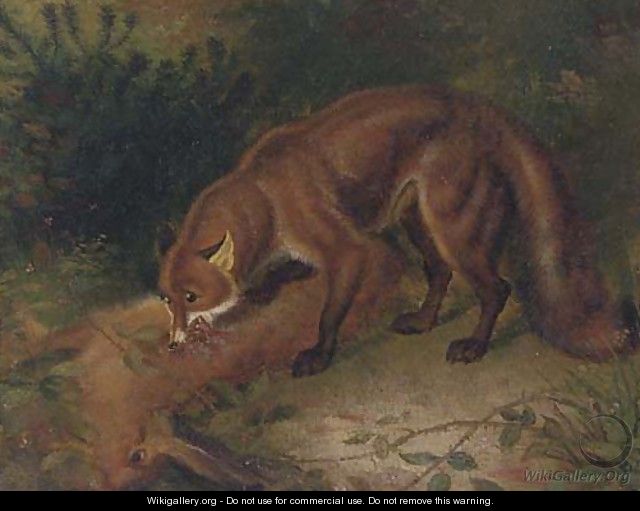 A fox eating a hare - English School