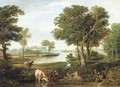 A drover with cattle in a river landscape - English School