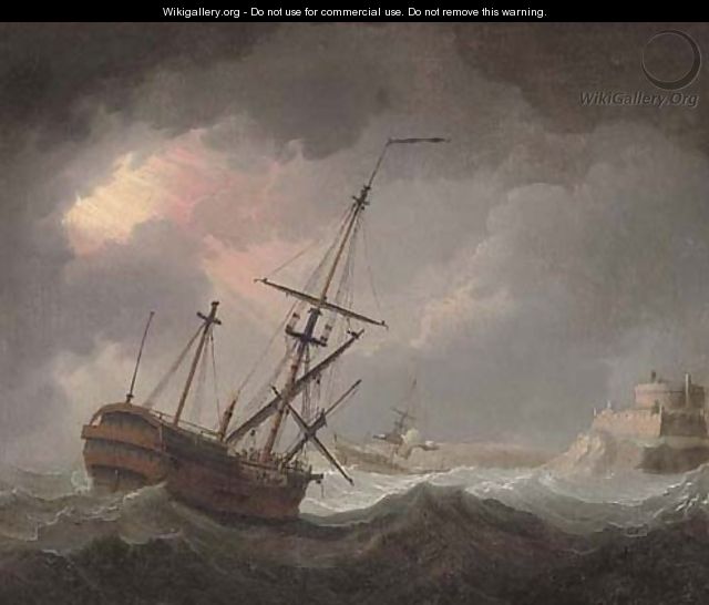 A dismasted warship running into perilous waters - English School