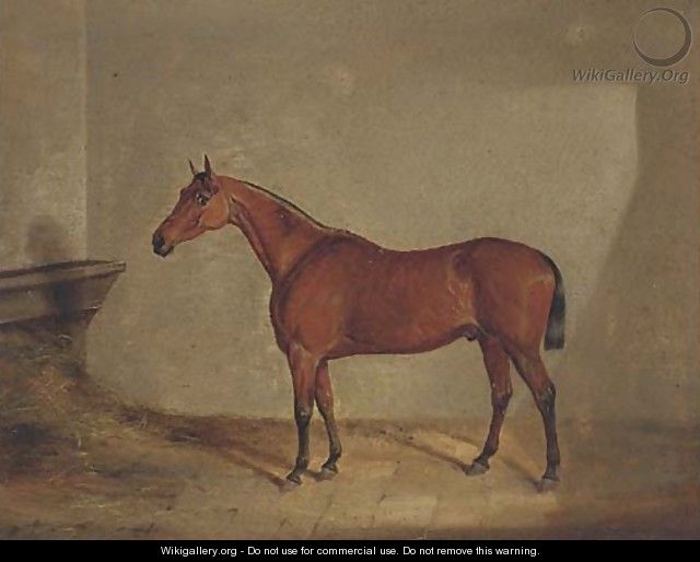 A bay hunter in a stable - English School