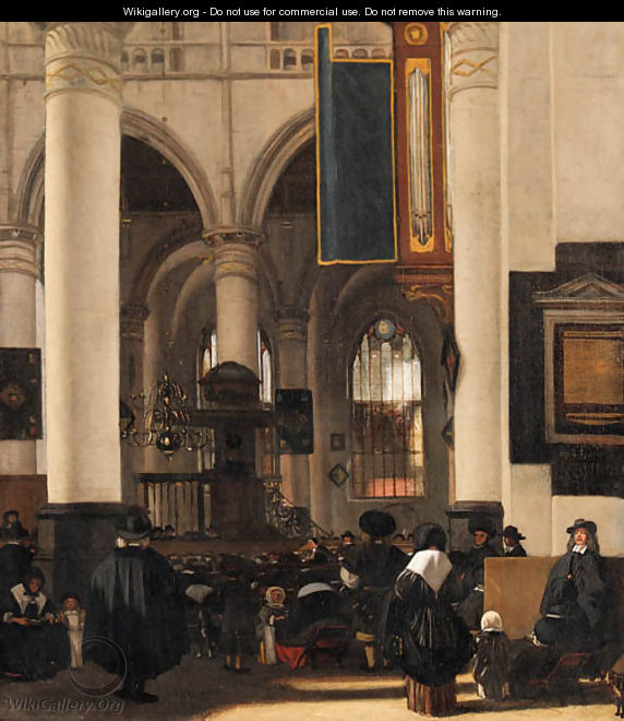 The interior of a church with a congregation listening to a sermon - Emanuel de Witte