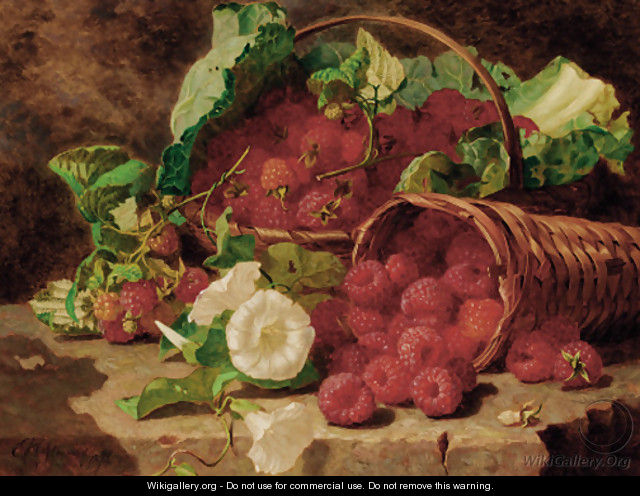 Raspberries in wicker baskets and nasturtiums on a stone ledge - Eloise Harriet Stannard