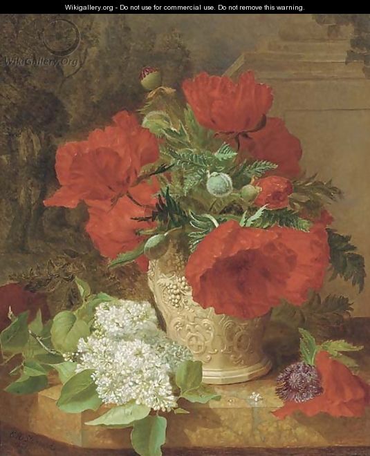 Poppies in a vase, with white lilac on a marble ledge - Eloise Harriet Stannard