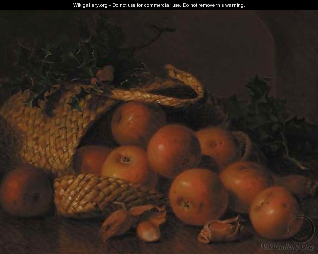 Cobnuts, holly and apples in a wicker basket, on a wooden ledge - Eloise Harriet Stannard