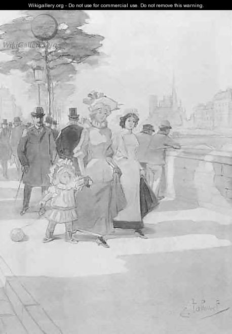 Ladies strolling on a quay along the Seine, Paris - Emile Tabouret
