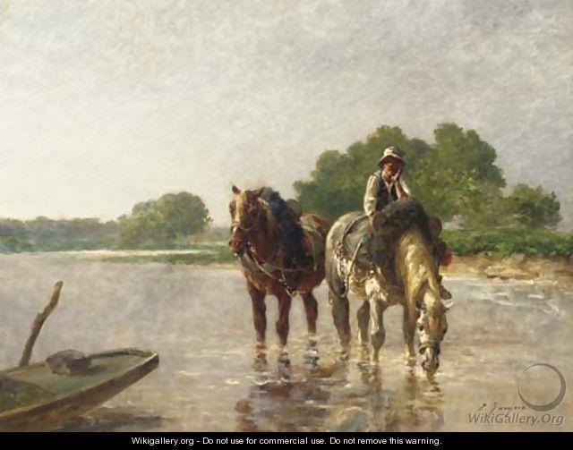 Working horses pausing for a drink in a river - Charles Emile Jacques