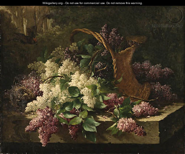 A still life with lilacs in a basket and a bird