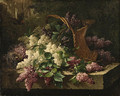 A still life with lilacs in a basket and a bird