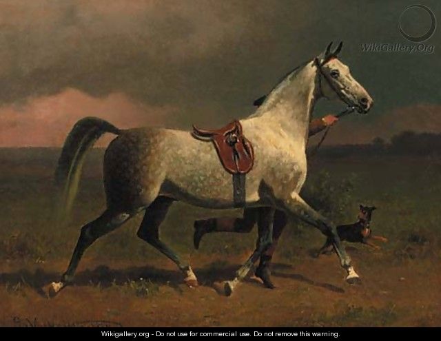 A dappled grey hunter trotting with a groom in a landscape - Emil Volkers