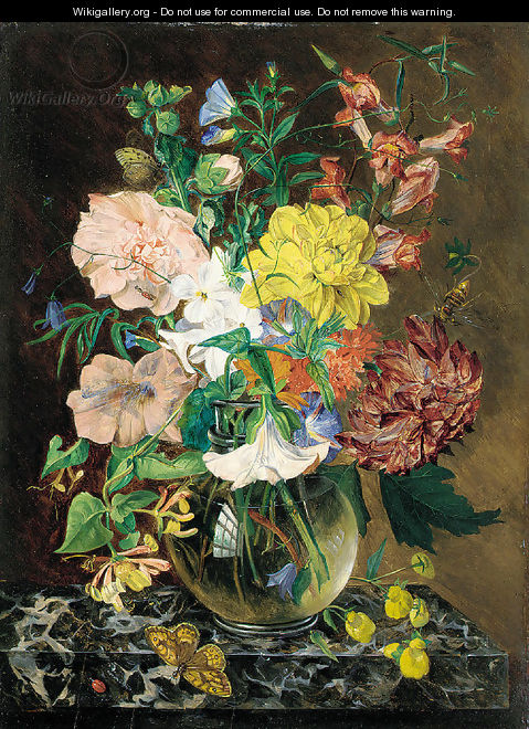 Still life of chrysanthemums, narcissi, honeysuckle, sweetpeas, and convulvulus in a glass vase, with a butterfly and a ladybird, on a marble ledge - Emily Stannard