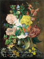 Still life of chrysanthemums, narcissi, honeysuckle, sweetpeas, and convulvulus in a glass vase, with a butterfly and a ladybird, on a marble ledge - Emily Stannard