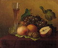 An autumn still life with grapes, walnuts, a glas of wine and a pear - Emilie Preyer