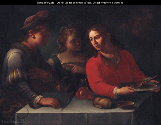 Three figures at a table with a bowl of pulses, a flask of wine, a knife, bread and a bowl - Emilian School