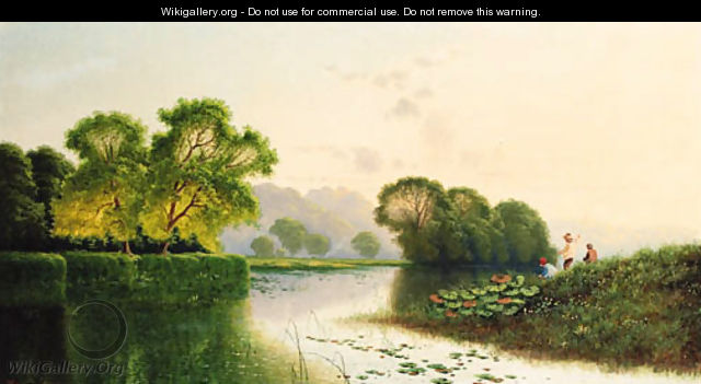 Anglers fishing in a river landscape - Henry John Boddington