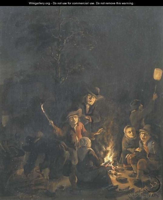 Boors gathered around a bonfire at night - Egbert van der Poel
