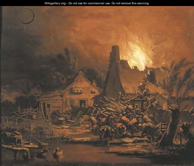 Villagers putting out a cottage fire at night - Egbert van der Poel