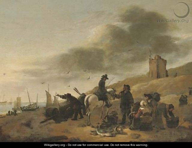 A horseman conversing with fisherfolk on a beach - Egbert van der Poel