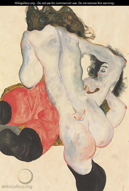 Liegende Frau mit roter Hose und stehender weiblicher Akt - Egon Schiele
