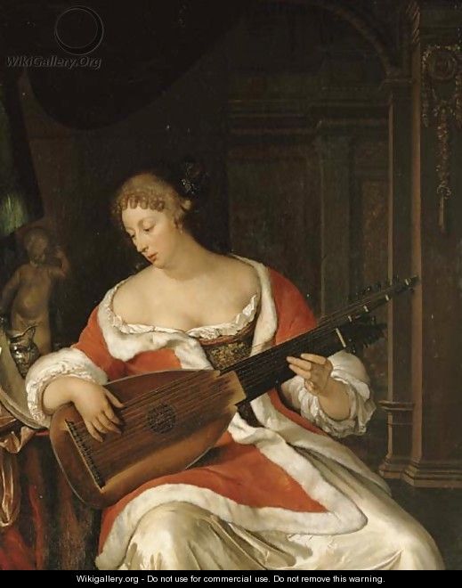 A lady playing a lute in an interior - Eglon van der Neer