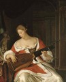 A lady playing a lute in an interior - Eglon van der Neer