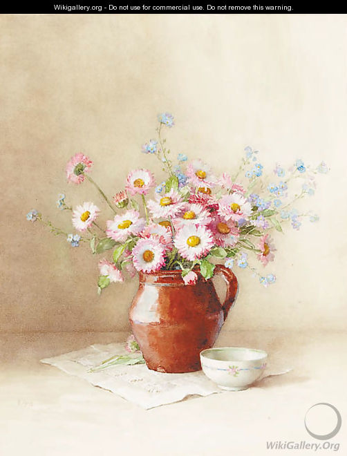 Still life of daisies and forget-me-nots in a ceramic jug - Elisabeth King