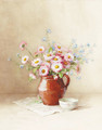 Still life of daisies and forget-me-nots in a ceramic jug - Elisabeth King