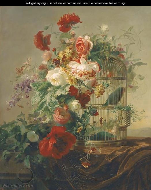 A parakeet in a gilded cage under a canopy of summer flowers - Elise Puyroche-Wagner