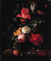 Pink and red Roses, Parrot Tulips, Camellias, Marigolds and other Flowers in a Vase on a Ledge - Elias van den Broeck