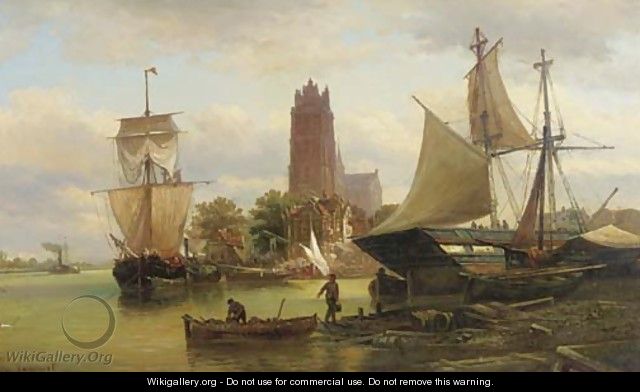Moored sailing vessels at Dordrecht harbour - Elias Pieter van Bommel