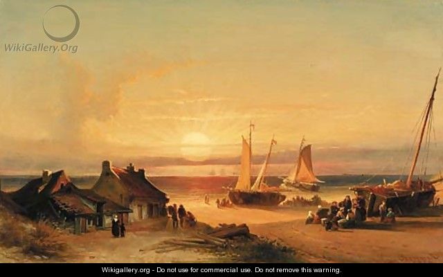 Fishing village at sunrise - Elias Pieter van Bommel