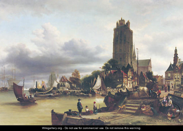 A view of Dordrecht harbour with the Grote Kerk in the background - Elias Pieter van Bommel