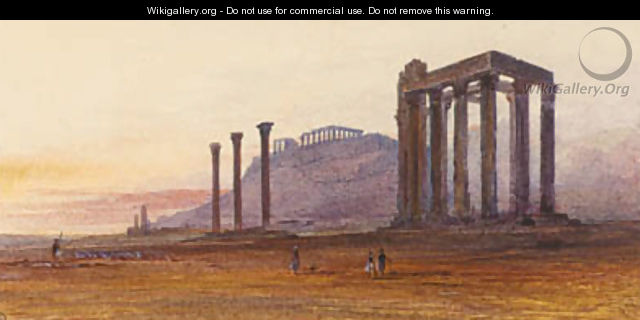 The Temple of Olympian Zeus, with the Acropolis in the distance, Athens, Greece - Edward Lear