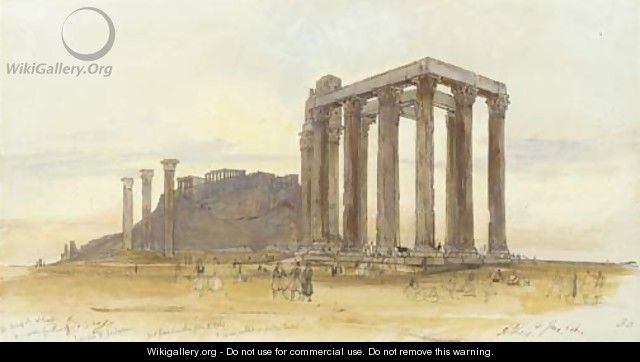 The Temple of Olympian Zeus with the Acropolis beyond, Athens - Edward Lear