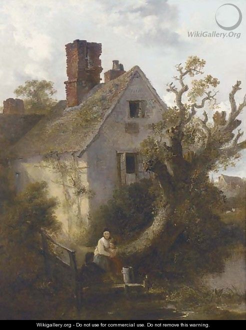 Children before a riverside cottage - Edward Robert Smythe