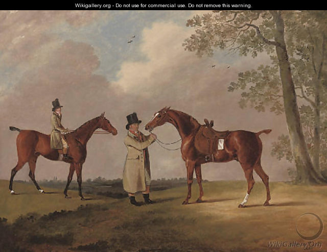 Two gentlemen with their hunters, in an extensive landscape - Edwin Cooper