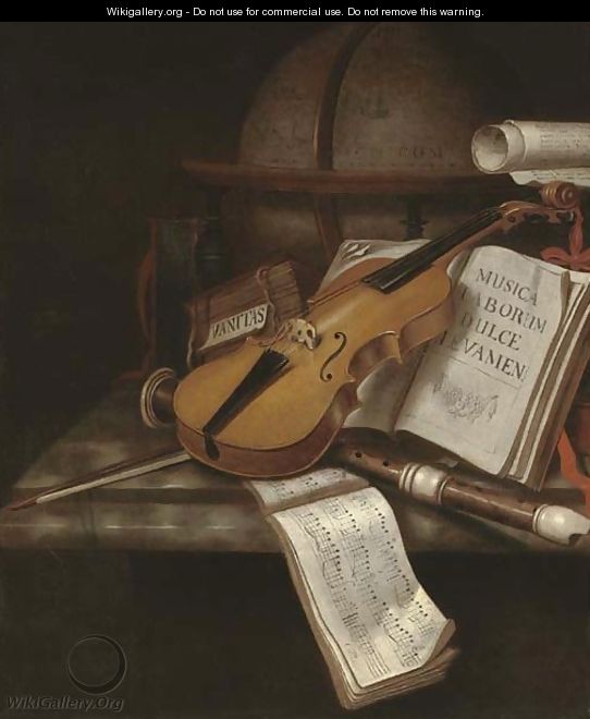 A vanitas still life with a violin, a recorder, books, a scroll and music with a globe on a marble ledge - Edwart Collier