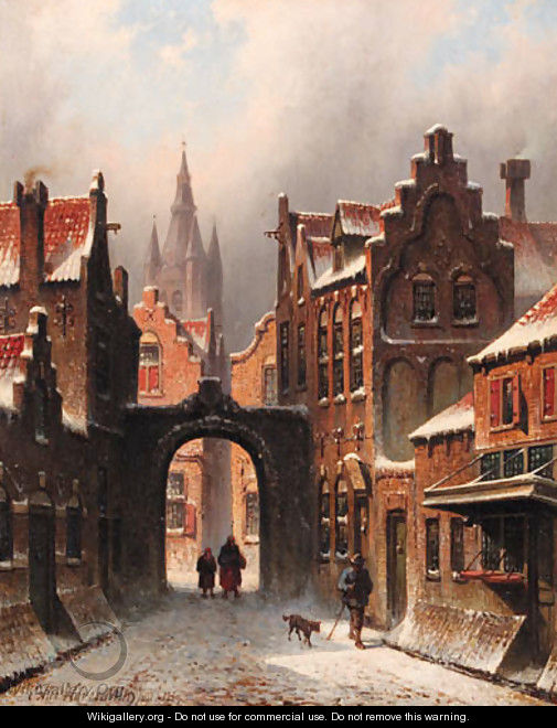 A snow-covered street in Delft, with the church spire of the Oude Jan in the background - Eduard Alexander Hilverdink